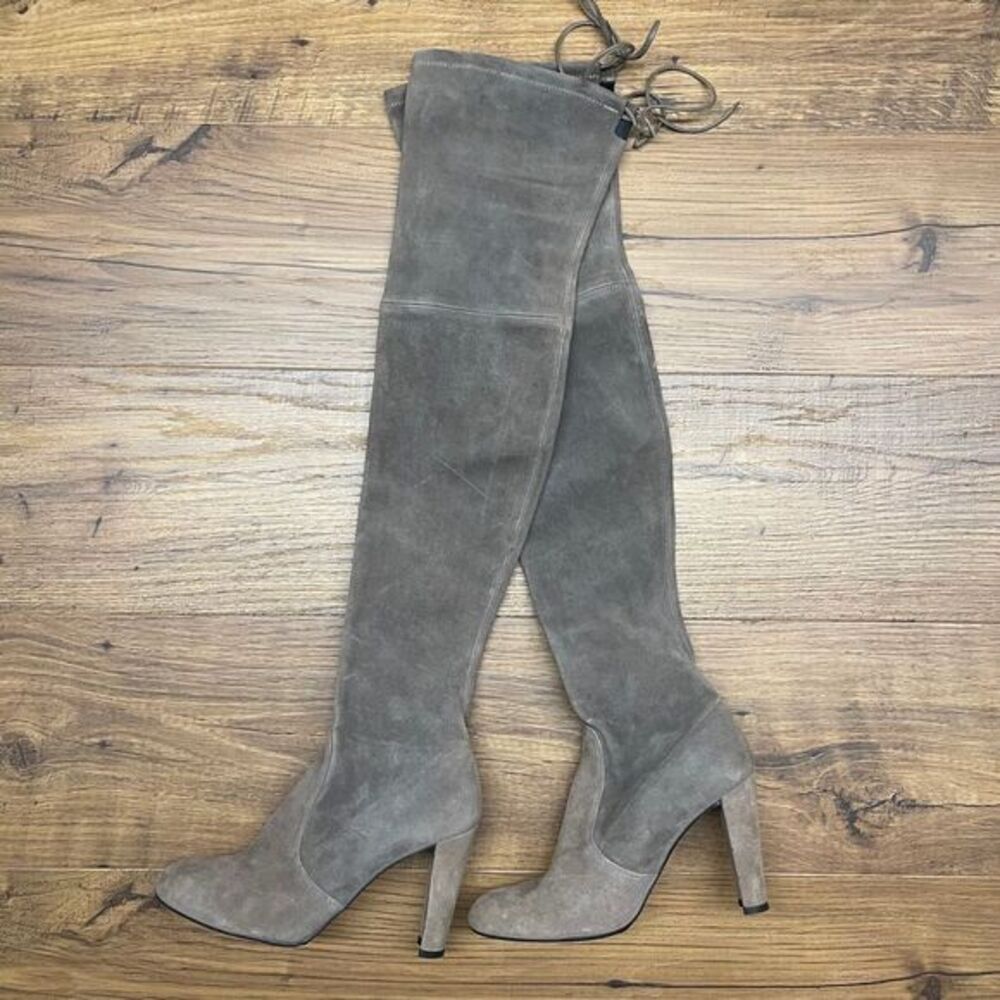 Stuart Weitzman $950 Highland Over-the-Knee OTK Boots Taupe Suede Size 6.5 READ